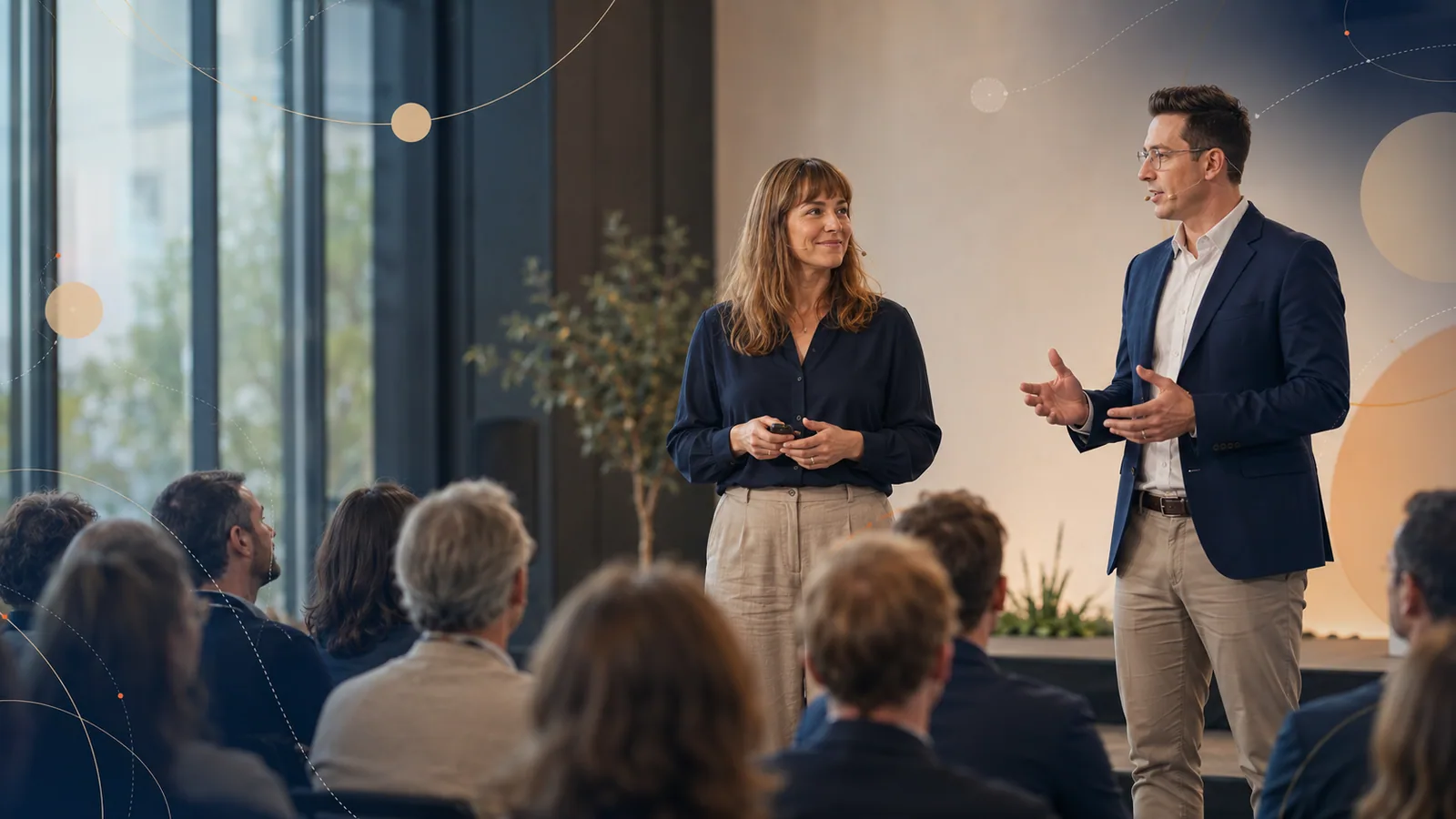 Two speakers presenting ideas to an audience