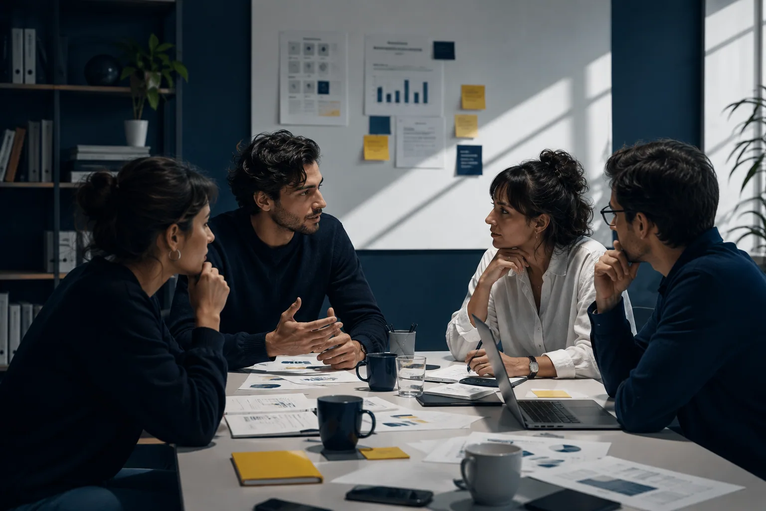 A team discussing policy and data around a working table