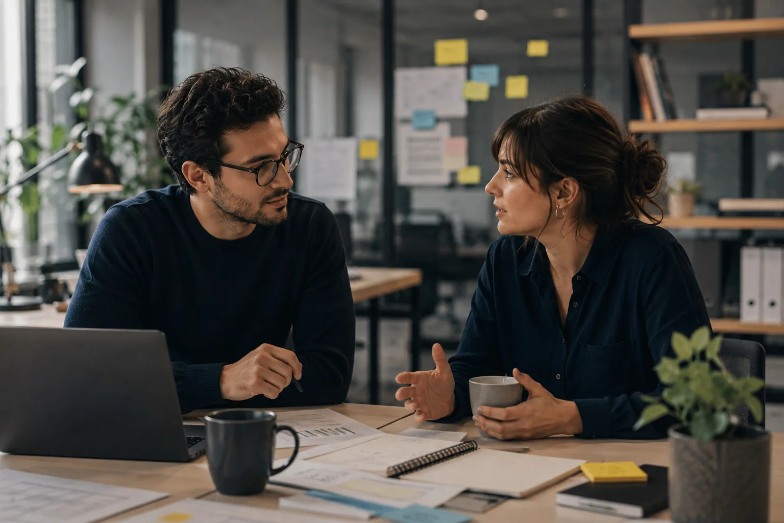 Two people discussing policy documents and data